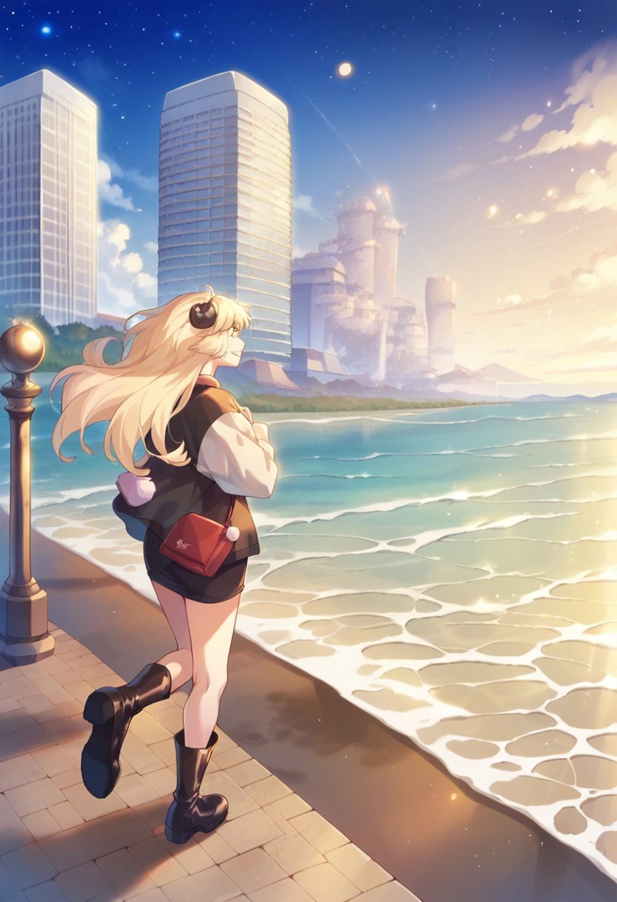 score_9, score_8_up, score_7_up, tsunomaki watame, starry sky, scenery, boots, black footwear, handbag, day, water, building, ocean, closed eyes