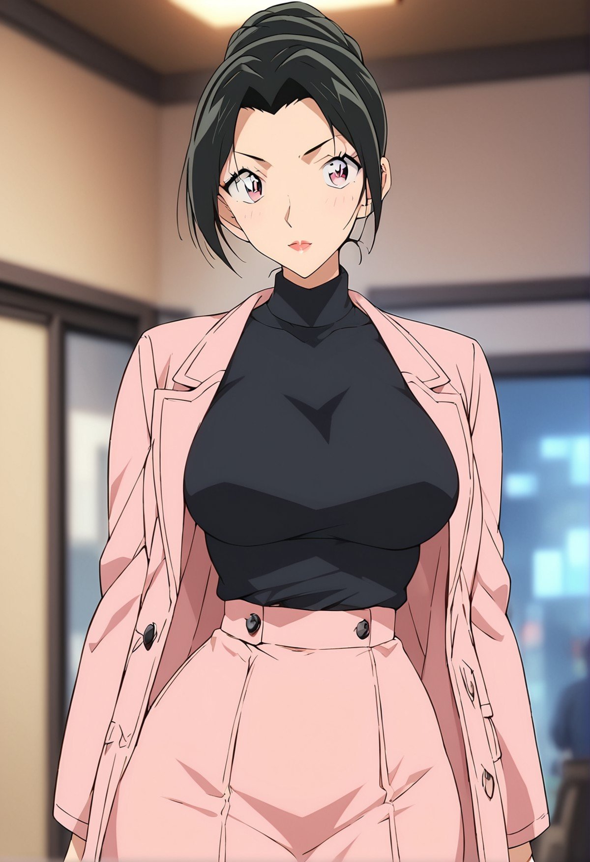 score_9, score_8_up, score_7_up, score_6_up, Light Outline,((1girl,solo,Portrait,front view,milf,)),large breasts, thin thighs,thin hips,thin waist,Uehara Yui ,black hair,hair bun,makeup, long black hair,Pink trench coat, black sweater,baggy skirt, (Sheer Textured Dark Pantyhose,blurry background, ),<lora:PONY_Yui_Uehara_Anime_Detective_Conan:1>