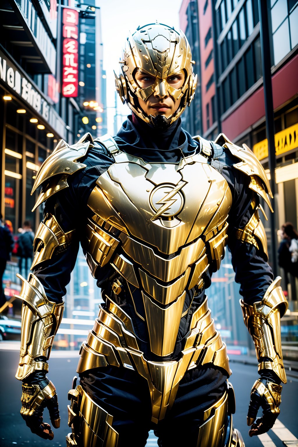 gold armor,outdoors,future street,flash