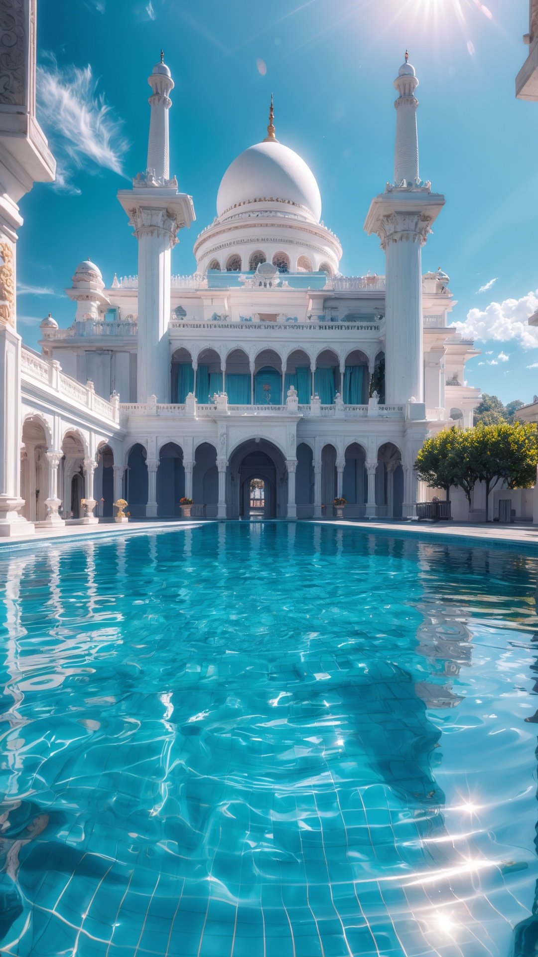 <lora:GONGDIAN_20240316014423:0.75>,GONGDIAN,(no humans:1.5),sky,scenery,water,day,blue sky,cloud,outdoors,building,reflection,column,tree,fantasy,sunlight,cloudy sky,sun,palm tree,pool,reflective water,castle,, scenery,no humans,masterpiece,best quality,high quality,extremely detailed CG,award winning photography,Bokeh,Depth of Field,HDR,bloom,Chromatic Aberration,Photorealistic,extremely detailed,trending on artstation,trending on CGsociety,Intricate,High Detail,dramatic,art by midjourney,volumetric lighting,(Magical),(epic),incredibly absurdres,official wallpaper,extremely detailed CG unity 8k wallpaper,chromatic aberration,detailed color,scene detail extremely tall object,