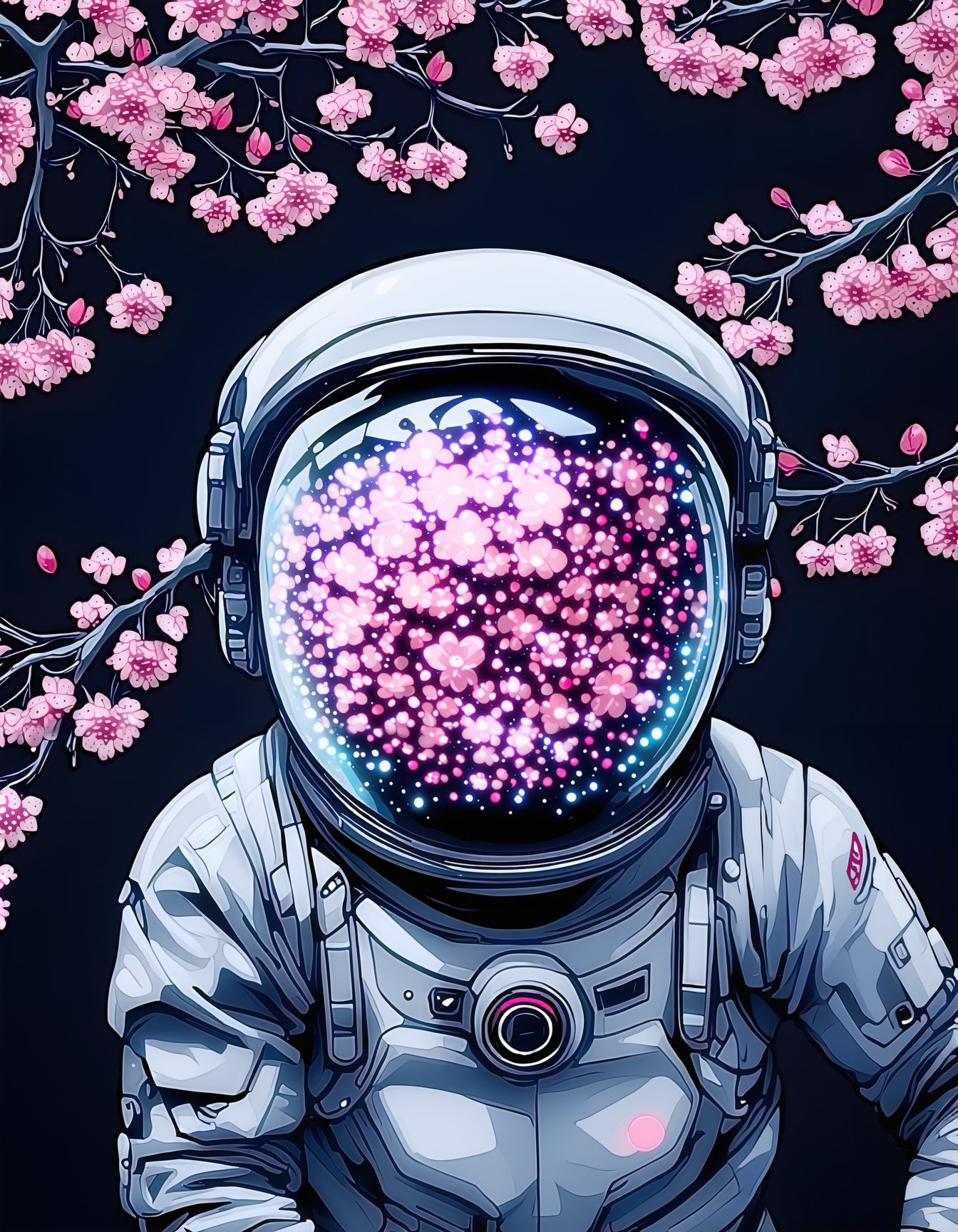 best quality, 4K, 8K, high-resolution, masterpiece, ultra-detailed, photorealistic,  an astronaut in a space suit with cherry blossoms on his head and a pink flower in his helmet, upper body, flower, helmet, black background, 1other, cherry blossoms, science fiction, reflection, branch, ambiguous gender, spacesuit, space helmet, astronaut,