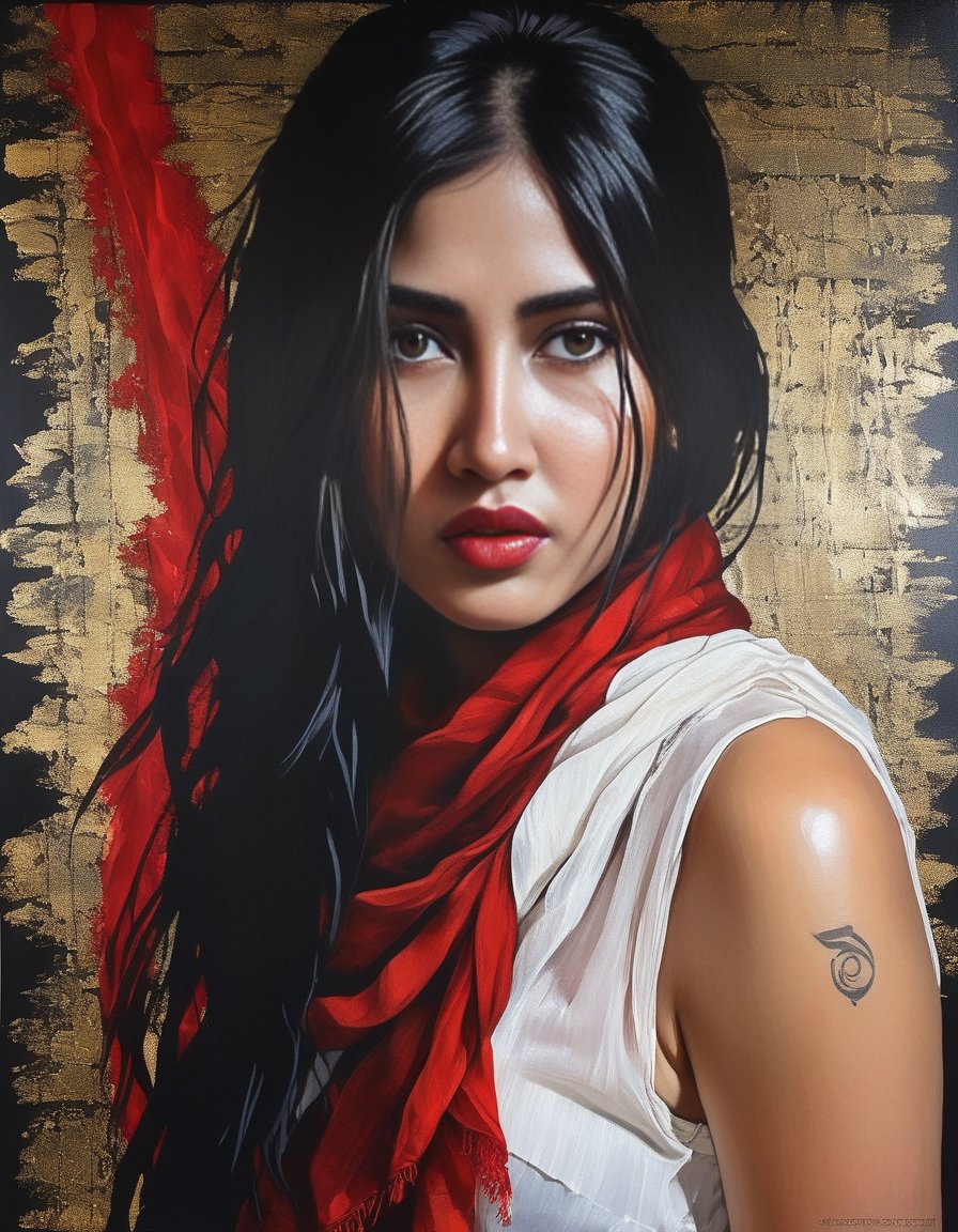 SofiaAnsari,<lora:SofiaAnsariSDXL:1>breathtaking portrait of a gorgeous girl, sultry, red scarf, dark gold and black, gossamer fabrics, jagged edges, eye-catching detail, insanely intricate, vibrant light and shadow , beauty, paintings on panel, textured background, captivating, stencil art, style of oil painting, modern ink, watercolor , brush strokes, negative white space