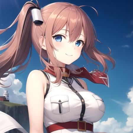 ((masterpiece)),(best quality),official art,extremely detailed CG,unity 8k wallpaper,ultra detailed,A lighthouse on a cliff by the sea,1girl,solo,upper body,(portrait:1.2),large_breasts,garter_straps,brown_hair,side_ponytail,red_neckerchief,wind_lift,white_dress,breast_pocket,red_thighhighs,blue_eyes,belt,hair_between_eyes,looking_at_viewer,high_heels,long_hair,sidelocks,smile,hair_ornament,sleeveless,<lora:Saratoga(kan)>,