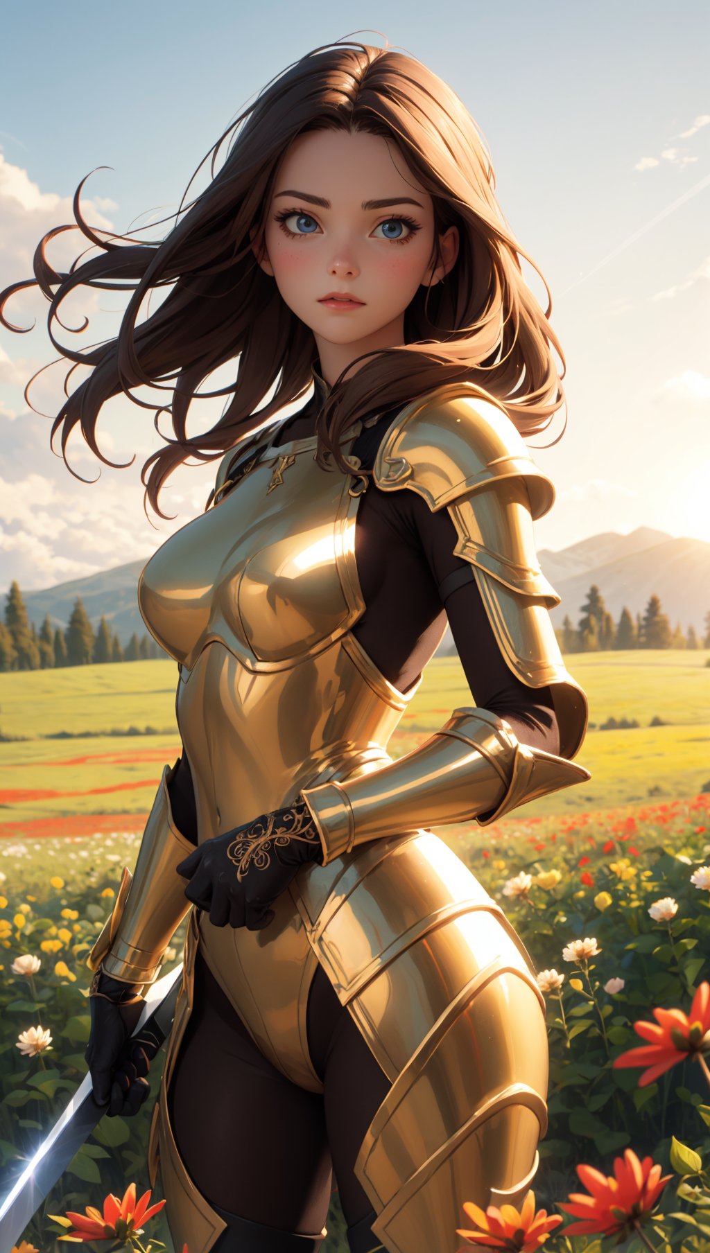 (masterpiece),(best quality),(extremely intricate),(sharp focus),(cinematic lighting),(extremely detailed),A young girl in armor,standing in a meadow of wildflowers. She is holding a sword. She has long brown hair adorned with wildflowers. Her expression is determined,and her eyes are shining with courage. The sun is shining brightly behind her,casting a golden glow over the scene.,flower4rmor,flower bodysuit,Flower,