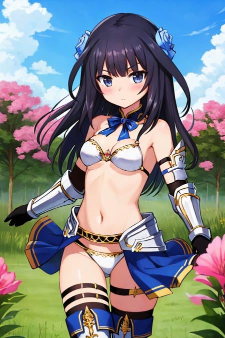 agatsuma kaede, noble galerus, white bikini, bikini armor, blue skirt, showgirl skirt, black collar, detached collar, blue hair flower, thigh strap, hair ornament, gauntlets, black gloves, elbow gloves, blue neck bow, black thighhighs, greaves, armored boots, belt, blush, outdoors, standing in field of flowers , 1girl <lora:agatsuma_kaede_locon_v1:0.7>