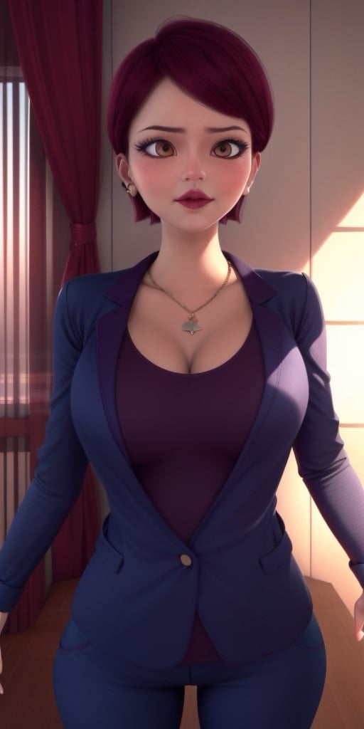 Hyperrealistic, photorealistic, super detailed, perfect face, (strict dark blue jacket), (strict dark blue trousers), short hair with a gradient of strong raspberry to moderate rose color, expressive moderate red eyes, raspberry colored lipstick, body like in real life, large pores, slender, medium height, pale skin, beautiful arms, beautiful legs, unreal engine, octane render, droped shadow, bokeh, cinematic lighting, <lora:add_detail:0.5>, <lora:Volumetric_lighting:0.6>, raspberry colored lipstick, moderate red eyes, short hair with a gradient of strong raspberry to moderate rose color, Chamack, Nadja, , <lora:a9a766c8-d663-4fd8-8723-45c5a2f45a0b:0.7>