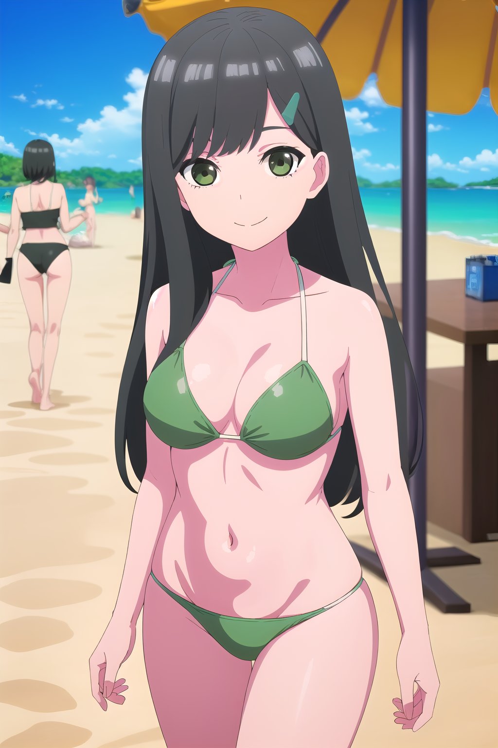 (masterpiece, best quality), highly detailed background, perfect lightingbest quality, takebayashiGTnH, solo, outdoors, beach, black hair, swept bangs, straight hair, long hair, green eyes, medium breasts, green bikini, swimsuit, smile, closed mouth, :), <lora:Takebayashi_Go-Tobun-no-Hanayome:0.7>