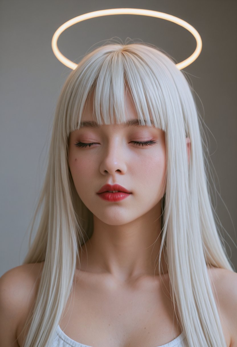 score_9, score_8_up, score_7_up, score_6_up, BREAK , source_real, raw, photo, realistic,  BREAK, 1girl, solo, long hair, bangs, closed eyes, upper body, white hair, sidelocks, parted lips, blunt bangs, mole, mole under eye, makeup, halo, facing viewer, red lips