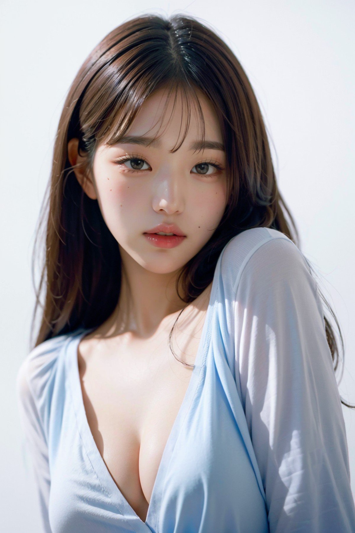 (masterpiece, best quality, high intricate details, realistic skin details, photo realistic),a girl,beautiful,cute,upper body,in a white background,wearing blue shirt,<lora:wonyoung-v2-01:0.9>,wonyoung,(small breast:1.3),straight hair,