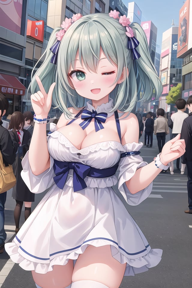 <lora:leftwink_v120:1.5>insanely detailed, absurdres, ultra-highres, ultra-detailed, best quality,1girl, solo, nice hands, perfect hands,BREAK,one eye closed, wink,(wearing harajuku-style coordinate),happy smile, laugh, open mouth,dynamic pose, cowboy shot, looking at viewer,BREAK,slender, kawaii, perfect symmetrical face, ultra cute girl, ultra cute face, ultra detailed eyes, ultra detailed hair, ultra cute, ultra beautiful,by Canon EOS, SIGMA Art Lens 35mm F1.4, ISO 200 Shutter Speed 2000,in harajuku, shibuya, tokyo, street, crowd, cityscape,large breasts, ,BREAK,(silver medium hair, dark green eyes), hair between eyes one eye closed, wink