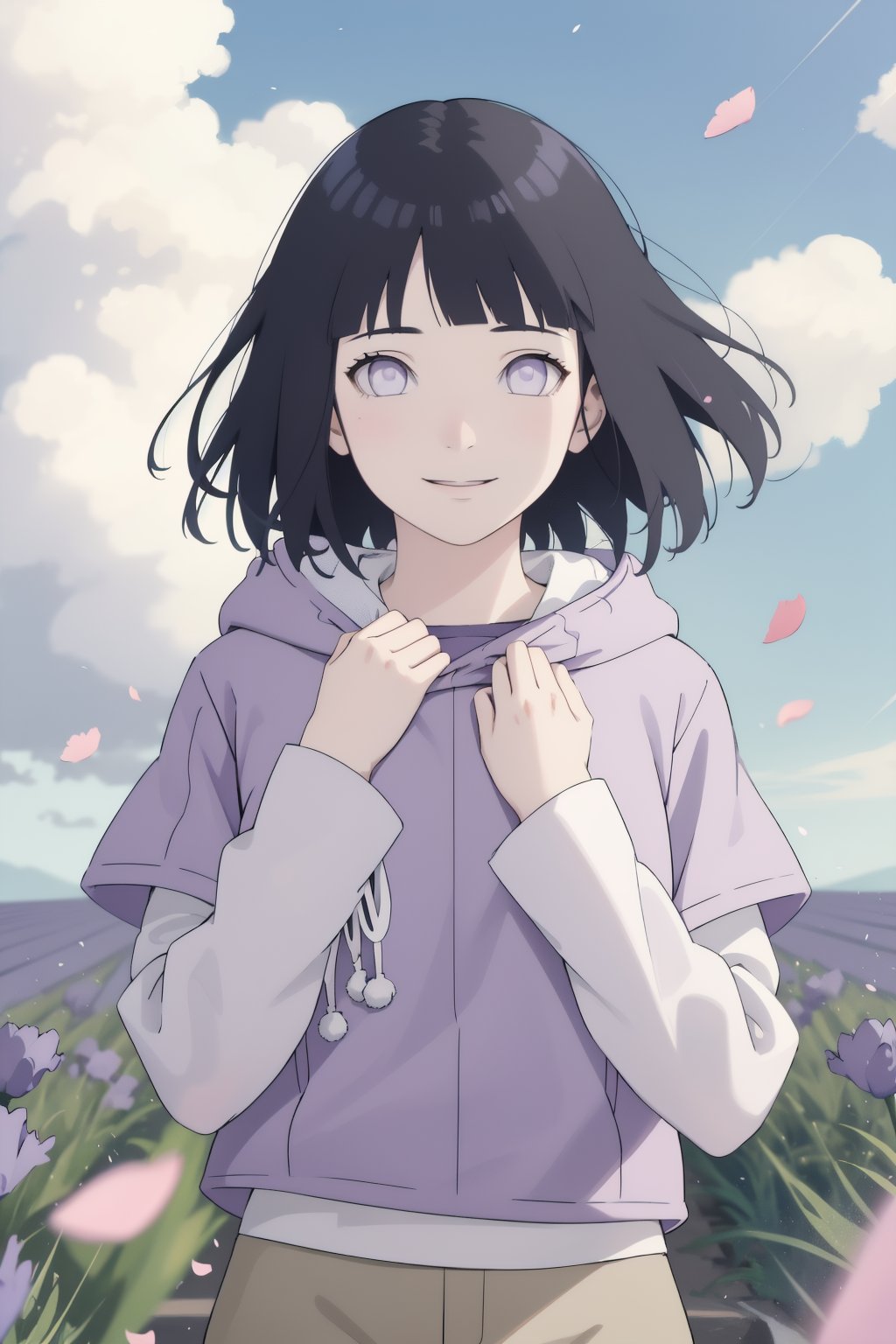 masterpiece,absurdres,hinata\(boruto\),1girl,solo,mature female,purple hoodie,layered sleeves,brown pants,outdoors,lavender flower field,wind,floating hair,hand on own chest,looking at viewer,smile,(falling petals),cloudy sky,<lora:lbc_Hyūga Hinata_Naruto24324_v1.0:1>,