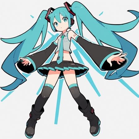 score_9, score_8_up, score_8, source_anime BREAK 1girl, hatsune miku, aqua_eyes, aqua_hair, aqua_necktie, bare_shoulders, black_skirt, boots, cropped_shirt, curly_hair, detached_sleeves, hair_between_eyes, long_hair, looking_at_viewer, midriff, miniskirt, navel, necktie, shirt, skirt, sleeveless, sleeveless_shirt, solo, thigh_boots, twintails, white_shirt BREAK   <lora:Eiken3kyuboy_Artist_Style_ponyXL-000018:0.8>, <lora:Smooth Anime Style LoRA XL:0.8> 