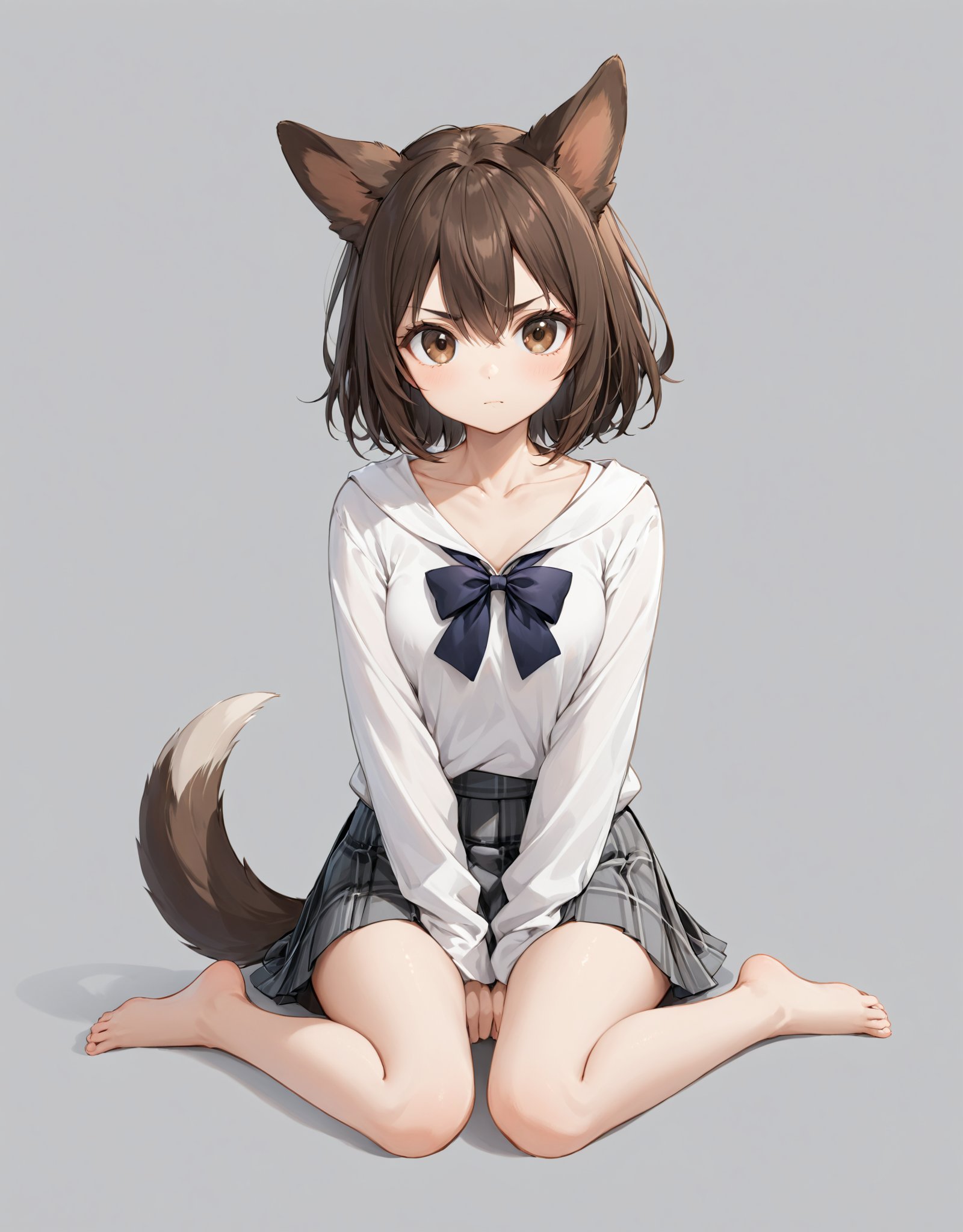 highres,best quality, 1girl, animal ears, bow, brown eyes, brown hair, closed mouth, collarbone, dog ears, dog girl, dog tail, full body, grey background, hair between eyes, hair bow, looking at viewer, medium hair, miniskirt, parted bangs, plaid, plaid skirt, shirt, sidelocks, simple background, sitting, skirt, sleeves past wrists, solo, tail, v-shaped eyebrows