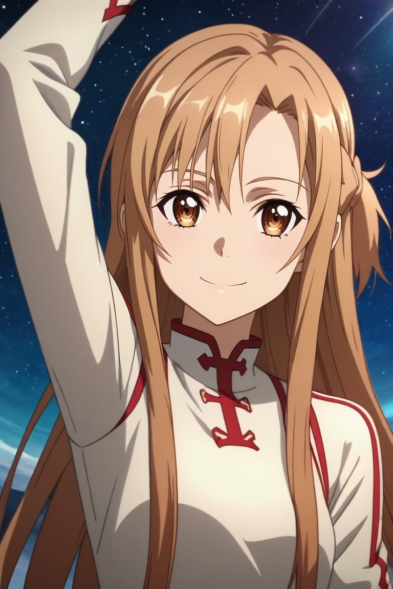 score_9, score_8_up, score_7_up, source_anime, rating_safe, anime screencap, intricate details, , , 1girl, asuna \(sao\), sword art online, brown hair, brown eyes, solo, upper body, space, stars, dark, arm up, light smile, <lora:sao_style_pony:0.92>, sao_style, , <lora:sdxl_lightning_8step_lora:1>