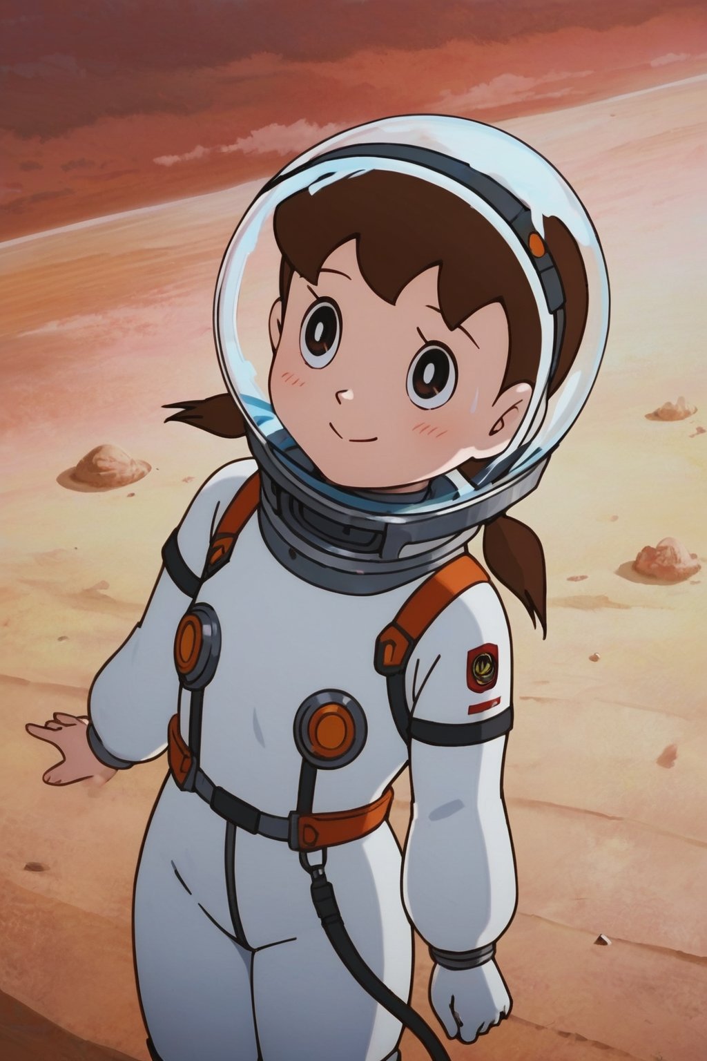 score_9, score_8_up, score_7_up, score_6_up, score_5_up, score_4_up, source_anime,minamoto shizuka, brown hair, twintails, cowboy shot, 1girl, solo, smile, Girl in a spacesuit stepping onto the surface of Mars, Earth visible in the distance, vast red landscape, futuristic colony in the background, sense of wonder and exploration, epic sci-fi scene, hyper-realistic detail,masterpiece, perfect face, best quality, beautiful girl, cute girl, beautiful eyes, shiny eyes, anime coloring, anime screencap, absurdres,<lora:minamoto shizuka WAI 919:0.8>