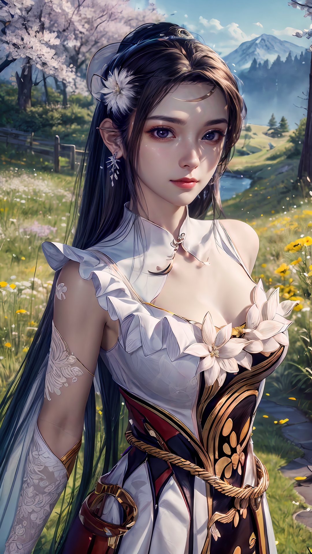 masterpiece,best quality,official art,extremely detailed CG unity 8k wallpaper,realistic,light rays,light particles,1girl,solo,medium chest,in a meadow,stream,mountain,cherry_blossoms,flower,outdoors,long_hair,earrings,(hair_ornament:1.2),dynamic pose,looking at viewer,(cowboy shot:1.2),