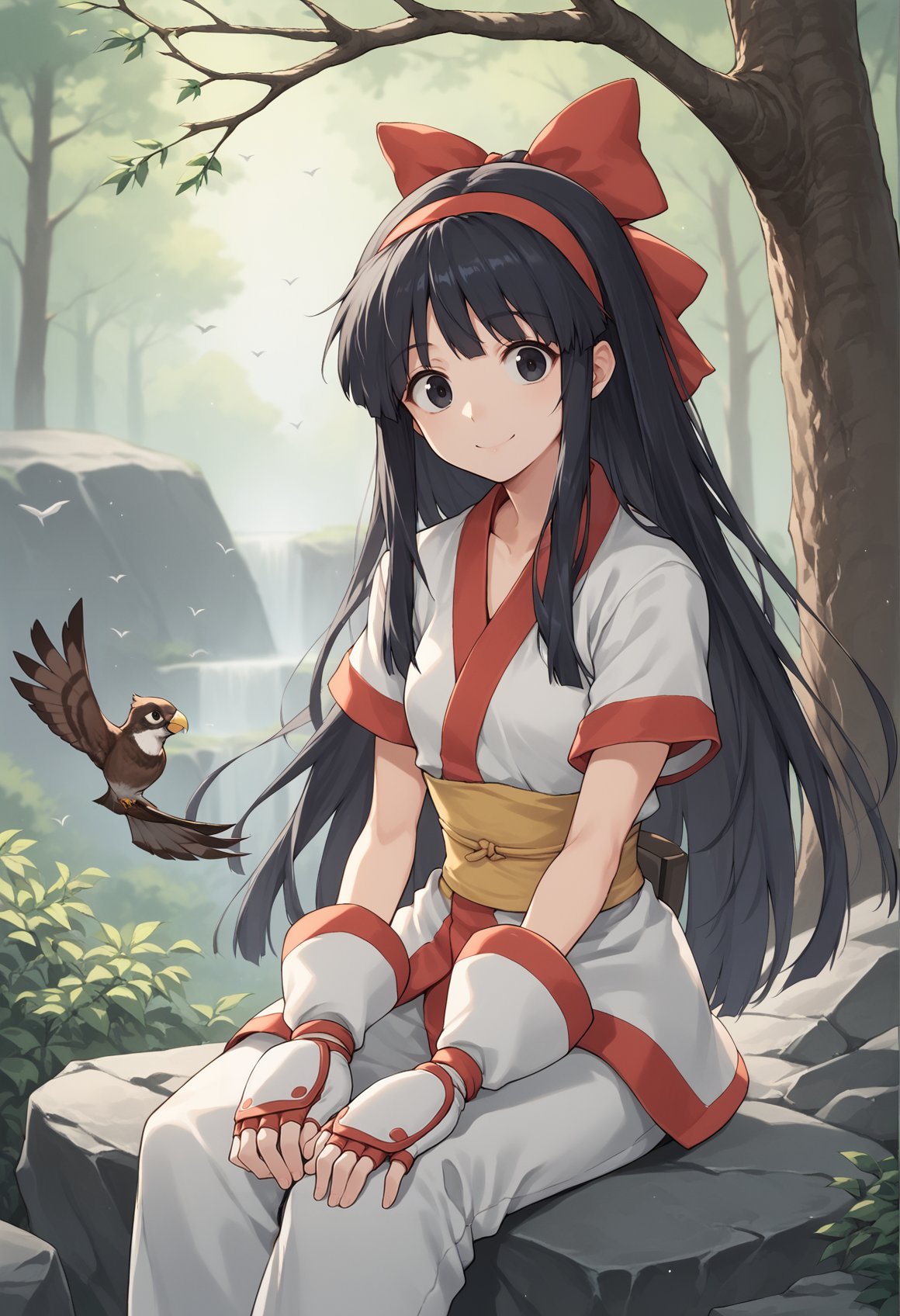 1girl, long hair, black hair, hair bow, hairband, black eyes, ainu clothes, japanese clothes, short sleeves, pants, fingerless gloves, sitting, rock, ((bird, hawk)), outdoors, forest, cowboy shot, smile, <lora:Nakoruru XL:1>, score_9, score_8_up, score_7_up, score_6_up, score_5_up, score_4_up, BREAK source_anime, masterpiece