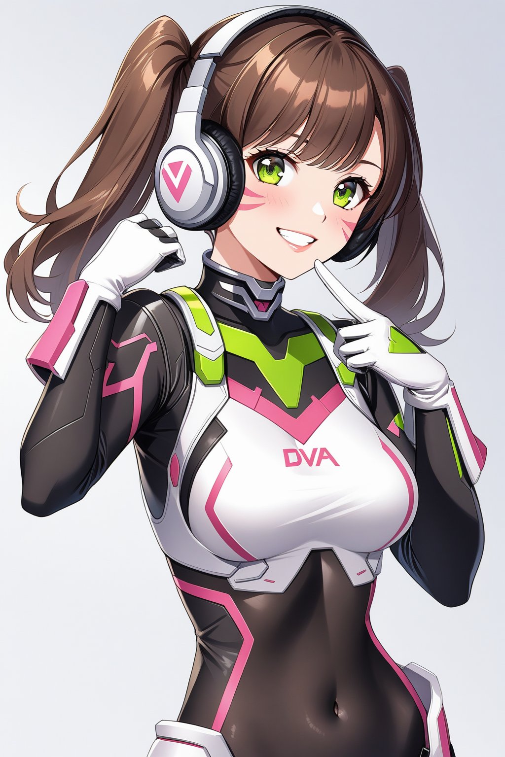 1girl,solo,long hair,breasts,looking at viewer,blush,smile,bangs,brown hair,gloves,long sleeves,navel,twintails,medium breasts,green eyes,upper body,parted lips,midriff,white gloves,hand up,stomach,grin,crop top,cosplay,bodysuit,headphones,low twintails,facial mark,short twintails,index finger raised,arm behind back,whisker markings,d.va \(overwatch\),