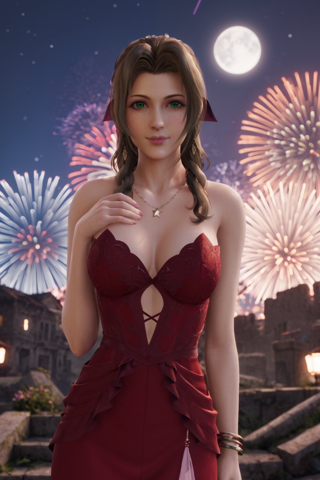 score_9, score_8_up, score_7_up, sexy boudoir photography by Hajime Sorayama, (close up), 1girl, AerithFF7R, aerith gainsborough, long hair, brown hair, green eyes, official alternate costume, hair flower, bare shoulders, red dress, strapless dress, fireworks, star necklace, braided ponytail, realistic, hands on own chest, night moon, ruins, (looking at viewer), blurry background<lora:EMS-465549-EMS:0.800000>