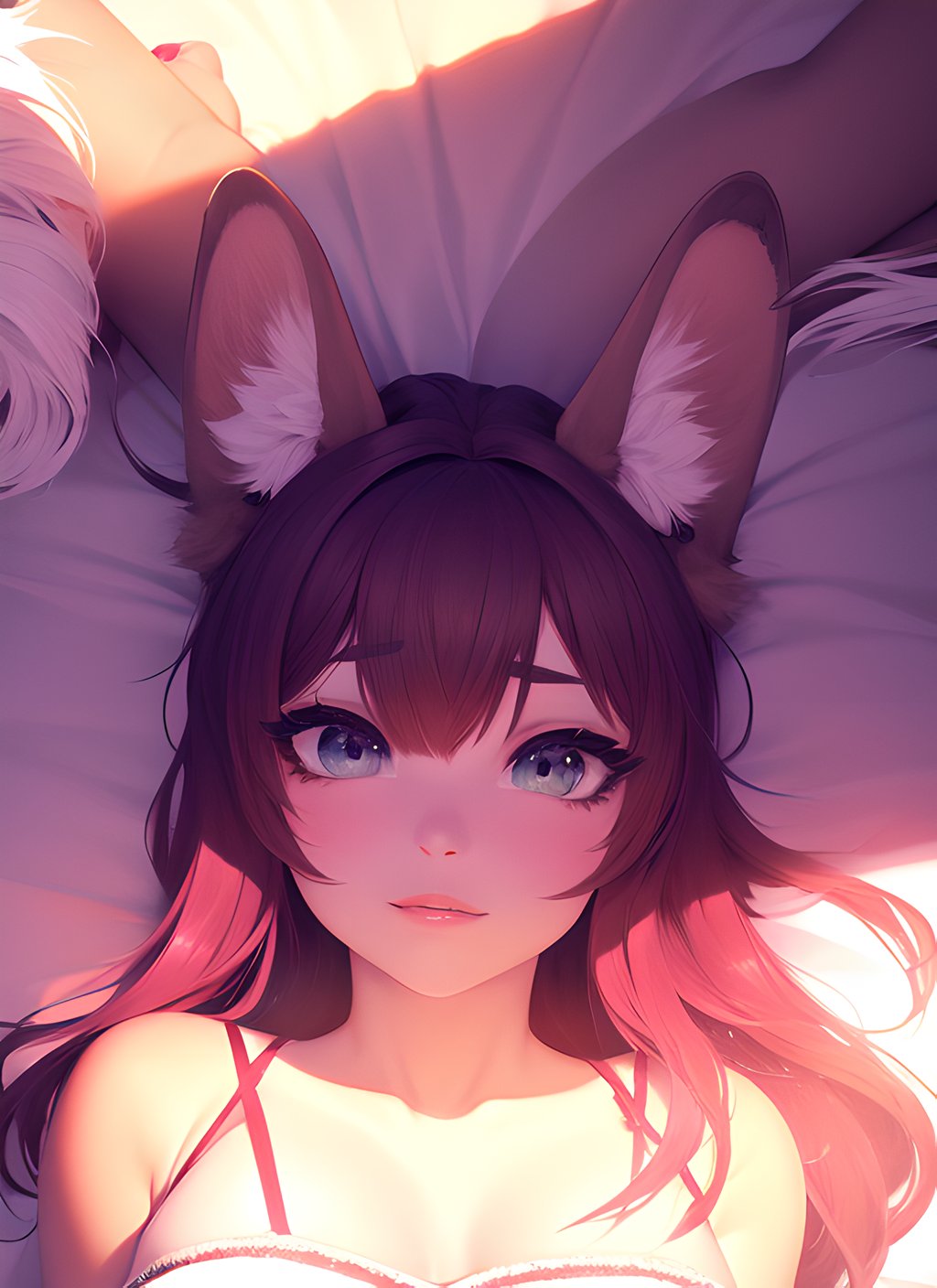 (furry:1.2), focus on face, lie on bed, beautiful lights and shadows