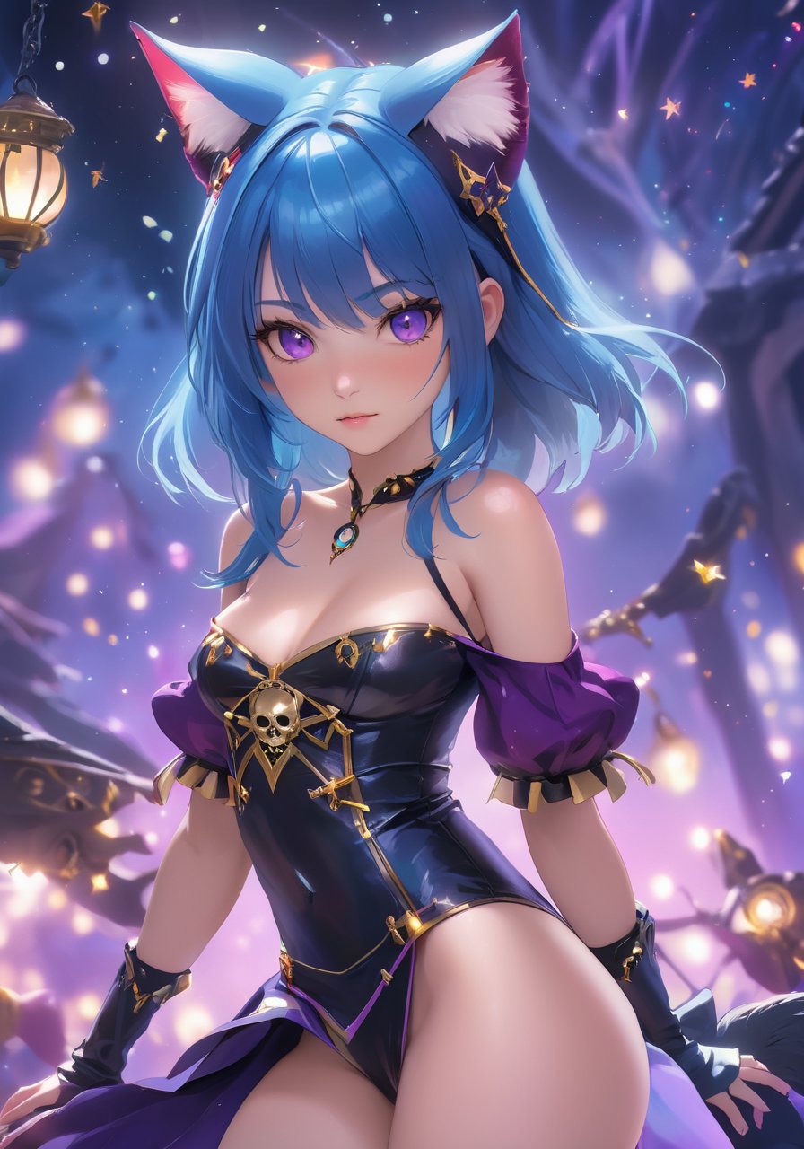 realistic, a pretty 19-year-old dark magical-girl plotting mischief, dark magical-girl outfit, cleavage, cat ears, skulls and terror, magical tattoos, vibrant magical particle effects, volumetric lighting, anti-aliasing, color-graded, bokeh, 1DOF, nikon D850,wani wani panic,startrail,ultra realistic detailed,aesthetic,best quality,(photorealistic:1.2),dynamic angle,elegant,realistic skin detail ,strap_slip, bare_shoulders, off_shoulder,