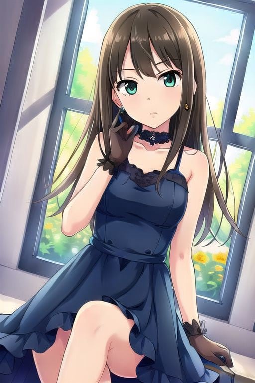 (masterpiece), shibuya rin, long hair, brown hair, green eyes, 1girl, gloves, solo, flower, dress, jewelry, window, earrings, looking at viewer, sitting