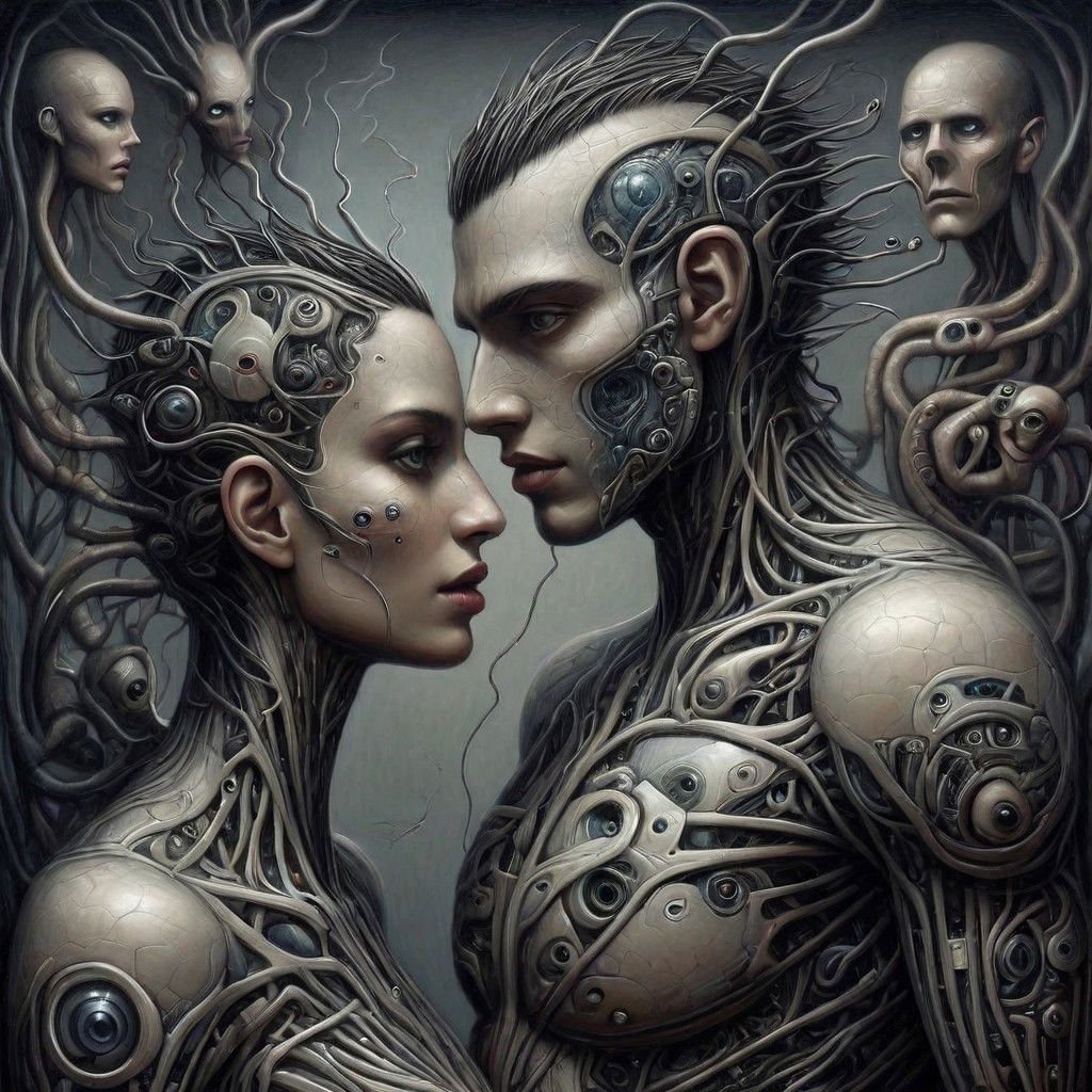 Nanopunk cyber gothic hybrid biomorphed man and woman ,covered with nanites skin texture, nanite swarms, wide shot capturing the entire body, fusion of organic and cybernetic details, nanotechnology, nanites, careful pattern, shadow play intensifying the enigma, immersed in an ethereal ambiance, digital painting, ultra realistic. . Jeff Soto ,lowbrow art style, surreal