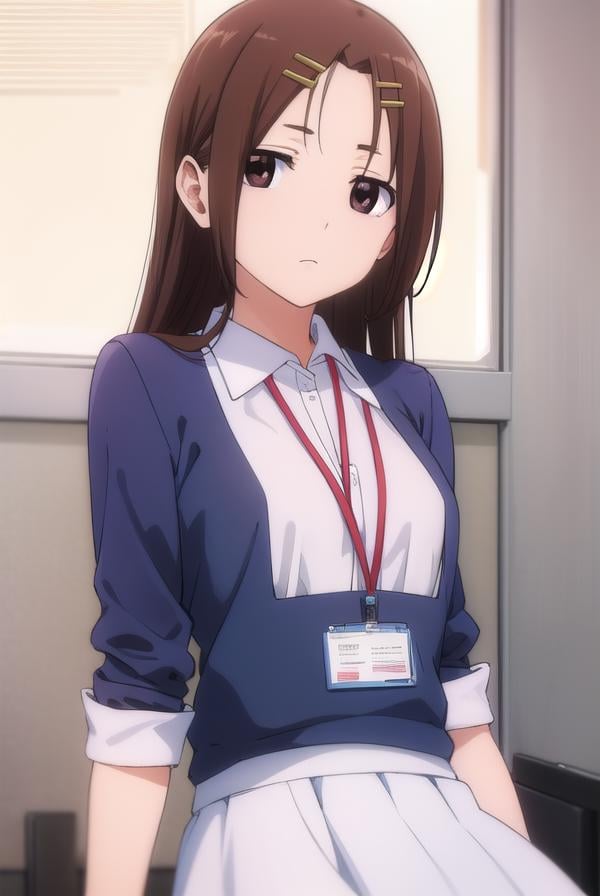 megumichihaya, <lora:megumi chihaya s1-lora-nochekaiser:1>,megumi chihaya, long hair, brown hair, hair ornament, (brown eyes:1.5), hairclip,BREAK skirt, shirt, white shirt, blue skirt, office lady, id card, lanyard,BREAK indoors, office,BREAK looking at viewer, (cowboy shot:1.5),BREAK <lyco:GoodHands-beta2:1>, (masterpiece:1.2), best quality, high resolution, unity 8k wallpaper, (illustration:0.8), (beautiful detailed eyes:1.6), extremely detailed face, perfect lighting, extremely detailed CG, (perfect hands, perfect anatomy),