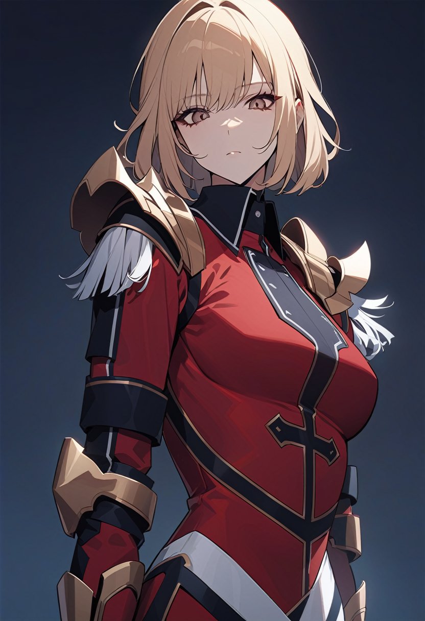 solo, 1girl, cha hae-in, expressionless, looking at viewer, blonde hair, red armor, black collar, shoulder armor, long sleeves, gauntlets, pelvic curtain, red leggings, masterpiece, best quality, rating: general, newest <lora:sololeveling_chaehae-in_xl-05:1>