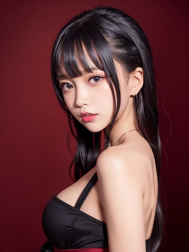 1girl, solo,(best quality),(masterpiece:1.1),  dynamic angle, upper body, looking_at_viewer, platinum black hair, red eyes, small breast, dress, cute, clear facial skin,