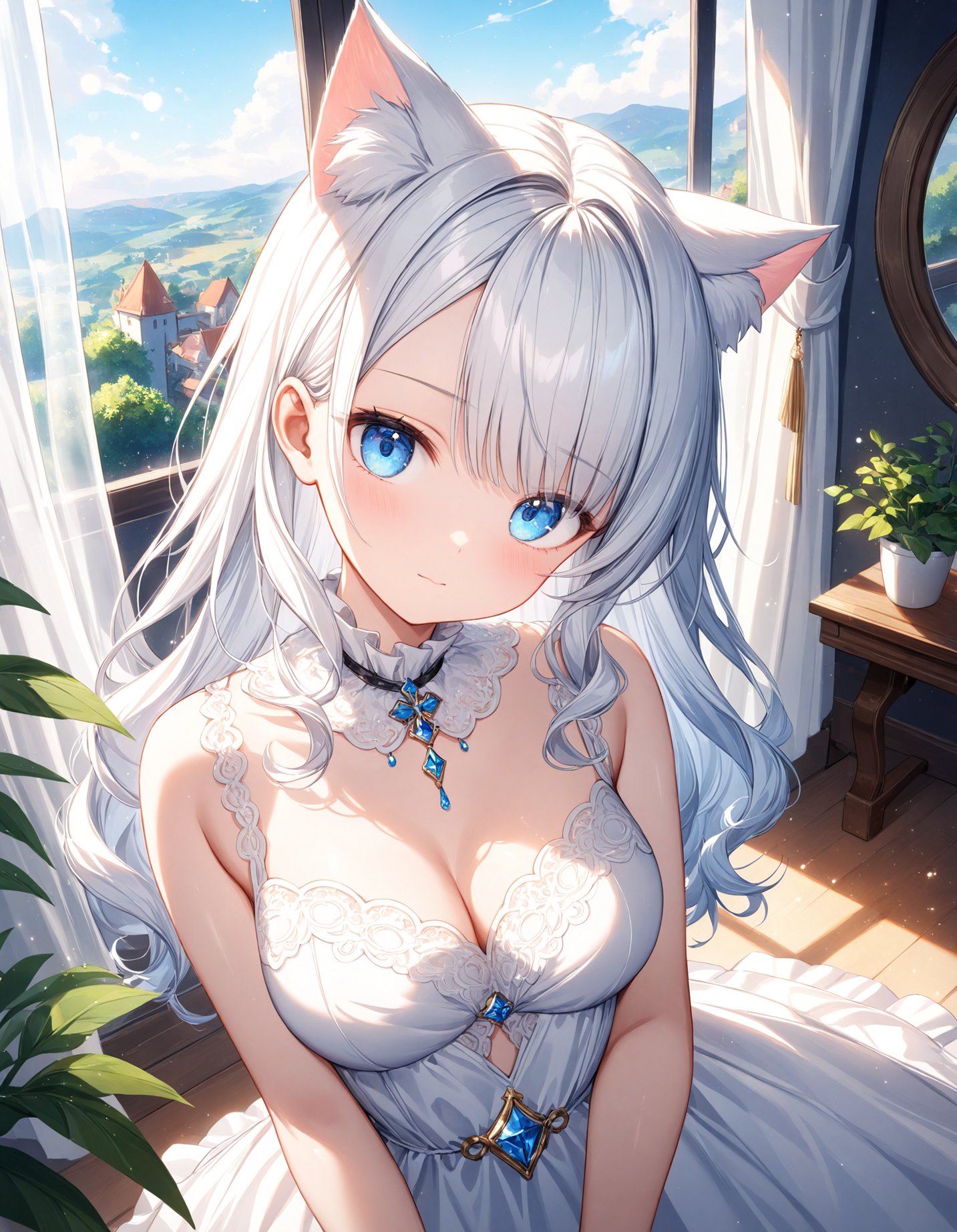 Depth of field. Upper body shot. Cinematic angle. A cute girl. Solo. Neutral expression. Elegant pose. Head tilt. Looking at viewer. (Round face:1.1). Detailed blue eyes. Tareme. Detailed body. (Medium breasts:1.05). Long wavy hair. White hair. Asymmetrical bangs. Cat ears. (White gorgeous dress:1.2). (White lace ruffled collar:1.2). White layerd long skirt. Medieval. Fashionable living room. White sheer curtains. Decorative mini plants. Blue sky view from window. (Daytime:1.2). (Natural lighting:1.4). Cute style. No lineart. Thin lines. Soft colors. Intricate details. Extremely detailed. Outstanding intricacies. (Masterpiece:1.2). (Best quality:1.2). (Absurdres absolutely resolution:1.4).