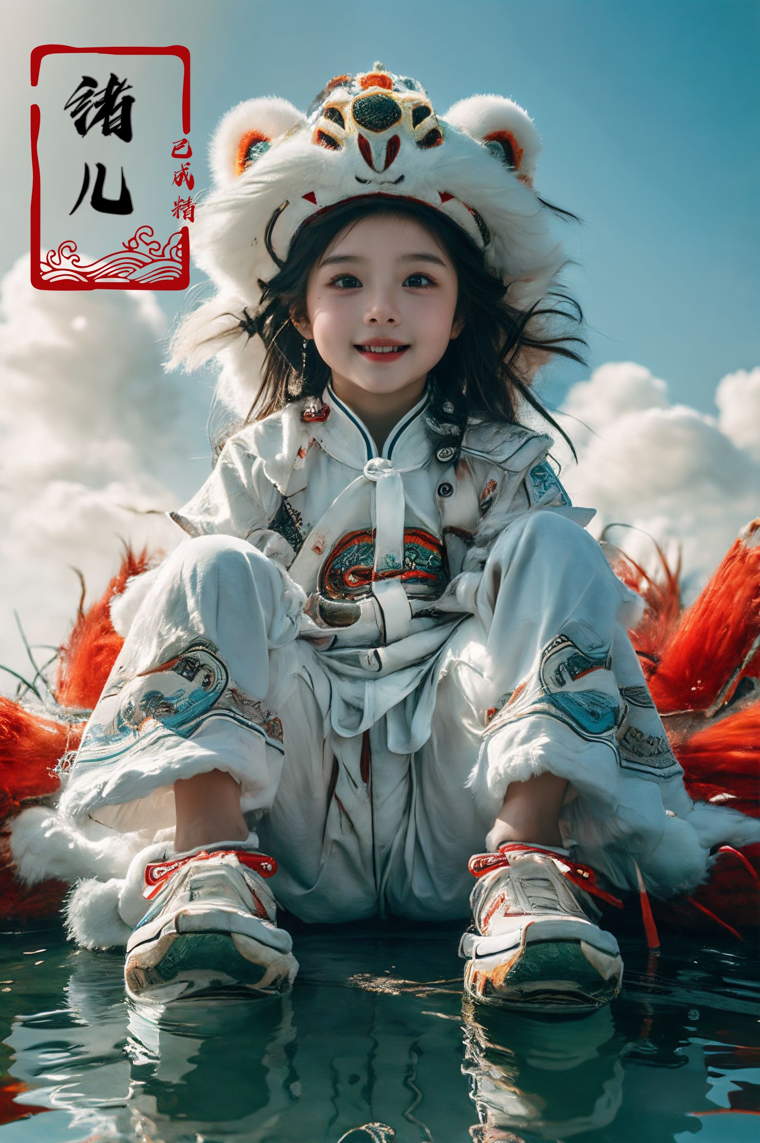 Dynamic Angle,Perspective,High Point,pov,xuer lion head,child,full body,<lora:绪儿-狮子帽儿童版 xuer lion head:0.8>,kind_smile,long raft with,1girl,solo,fog,outdoors,reflection,white pants,sky,cloud,blue,green,cyan,<lora:绪儿-竹筏 long raft with:0.4>,