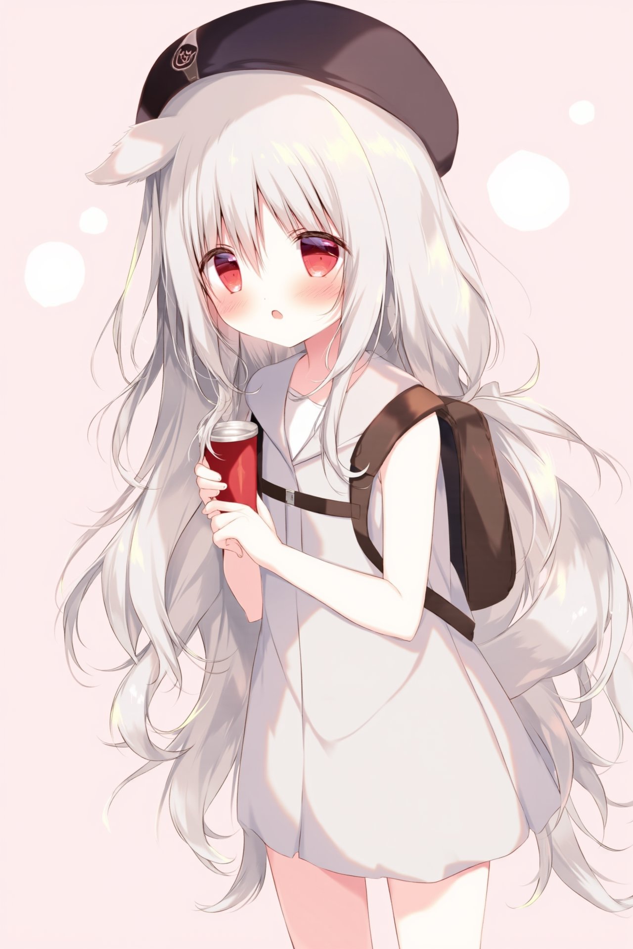 <lora:flux-shiratama-R2:1>，The image is an illustration of a young girl with long white hair and red eyes. She is wearing a black hat with a cat ears on top and a white dress with a brown belt. She has a backpack on her back and is holding a red coffee cup in her hand. The background is a light pink color with small white bubbles scattered around. The girl appears to be deep in thought, with a peaceful expression on her face.