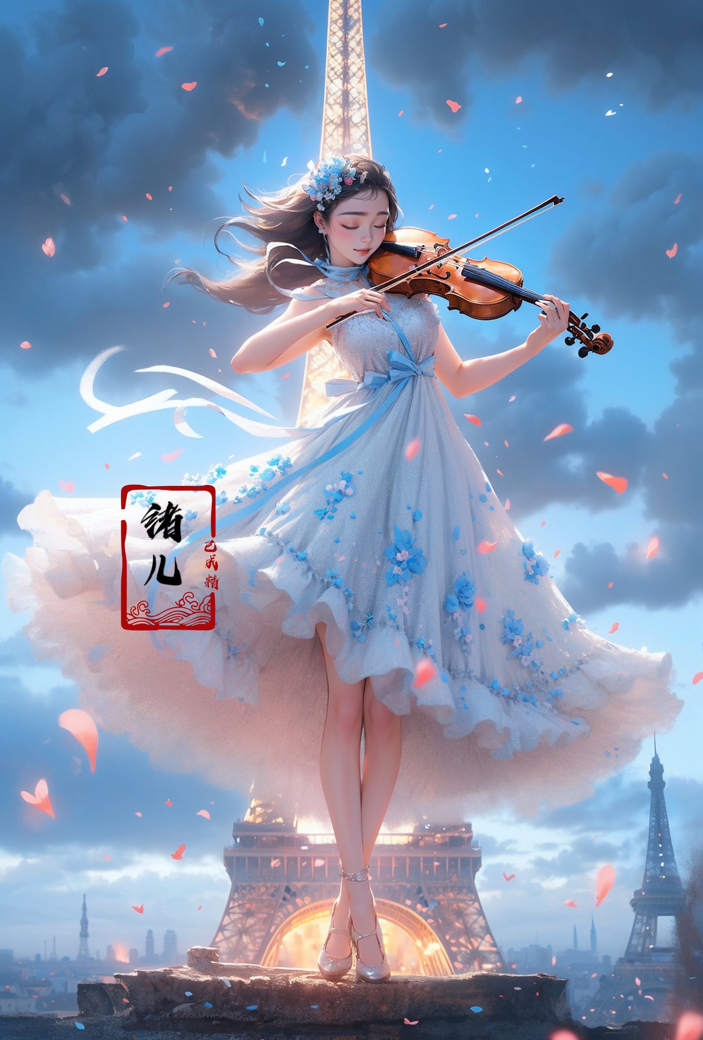 (A girl in a dress is in the air:1.3), playing a violin, Eiffel Tower background，(wide shot, wide-angle lens,Panoramic:1.2),super vista, super wide Angle，Low Angle shooting, super wide lens, blurry, blurry_background, blurry_foreground, depth_of_field, motion_blur,violin，bare shoulders，petals，White and blue dress，from below，blurry foreground， (Milky skin:1.4),(Closed eyes:1.3),(full body:1.5),(long legs:1.3),<lora:绪儿-小提琴 violin:0.8> 