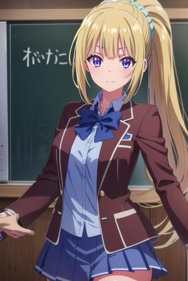 keikaruizawa, <lora:kei karuizawa s2-lora-nochekaiser:1>, kei karuizawa, long hair, bangs, blunt bangs, (purple eyes:1.1), blonde hair, shirt, hair ornament, ponytail, scrunchie, blue scrunchie, smile,BREAK skirt, shirt, bow, school uniform, jacket, (red jacket:1.2), pleated skirt, bowtie, sweater, (blue bow:1.2), (blue shirt:1.2),BREAK indoors, classroom,BREAK looking at viewer, (cowboy shot:1.5),BREAK <lyco:GoodHands-beta2:1>, (masterpiece:1.2), best quality, high resolution, unity 8k wallpaper, (illustration:0.8), (beautiful detailed eyes:1.6), extremely detailed face, perfect lighting, extremely detailed CG, (perfect hands, perfect anatomy),