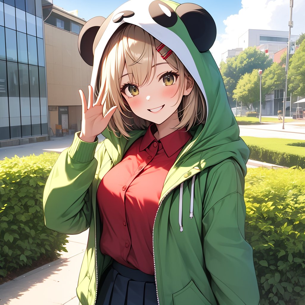 masterpiece,best quality,absurdres,perfect anatomy,1girl,solo,SasakiSaku,short hair,hairclip,collared shirt,pleated skirt,green skirt,red bow,hooded jacket,animal hood,panda ears,smile,outdoors,waving at viewer,