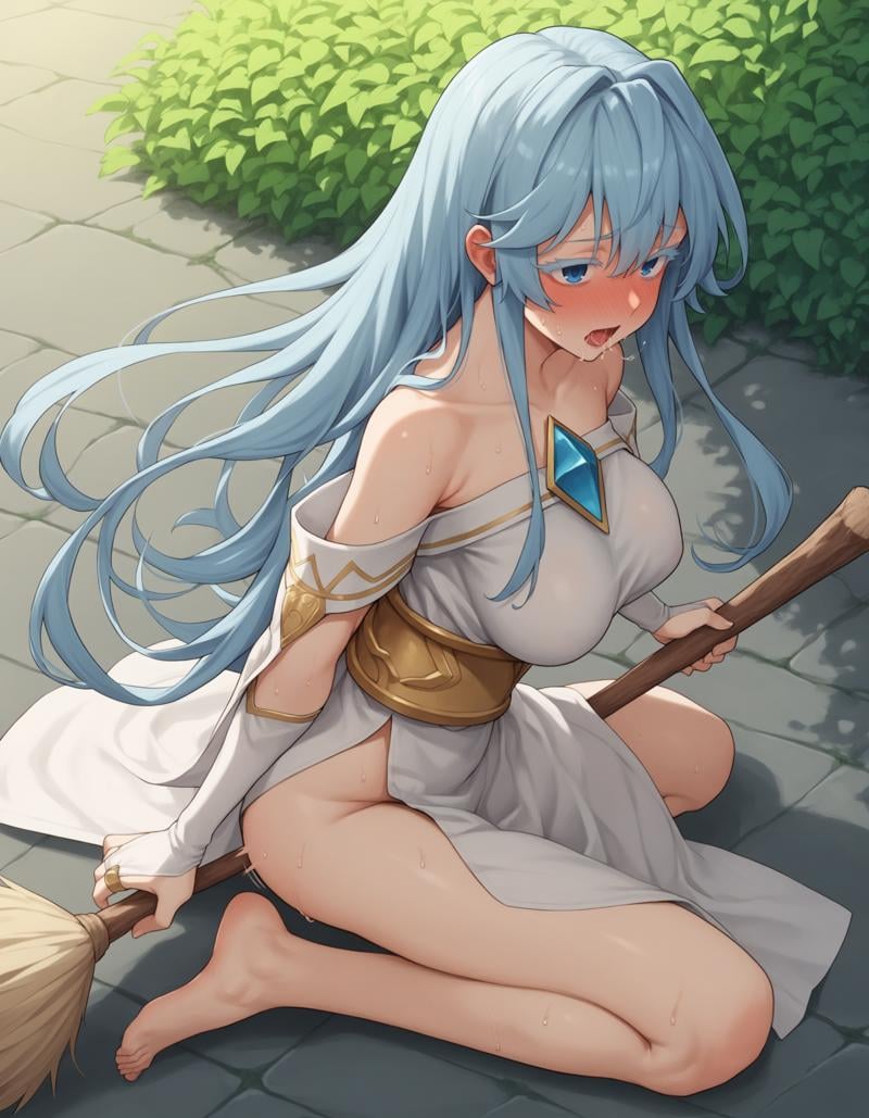 score_9, score_8_up, score_7_up, score_6_up, score_5_up, score_4_up, rating_explicitBREAKelfaria_olis, 1girl, solo, light blue hair, long hair, colored eyelashes, blue eyes, chest jewel, off-shoulder dress, yellow sash, side cape, bridal gauntlets, pelvic curtain, full-face blush, broom riding, crotch rub, sweat, saliva, pussy juice, from side, see-through, see-through silhouetteBREAKice, outdoorsBREAK(motion lines, motion blur:1.3)<lora:elfaria_Wistoria_ponyxl_v1_char:1>