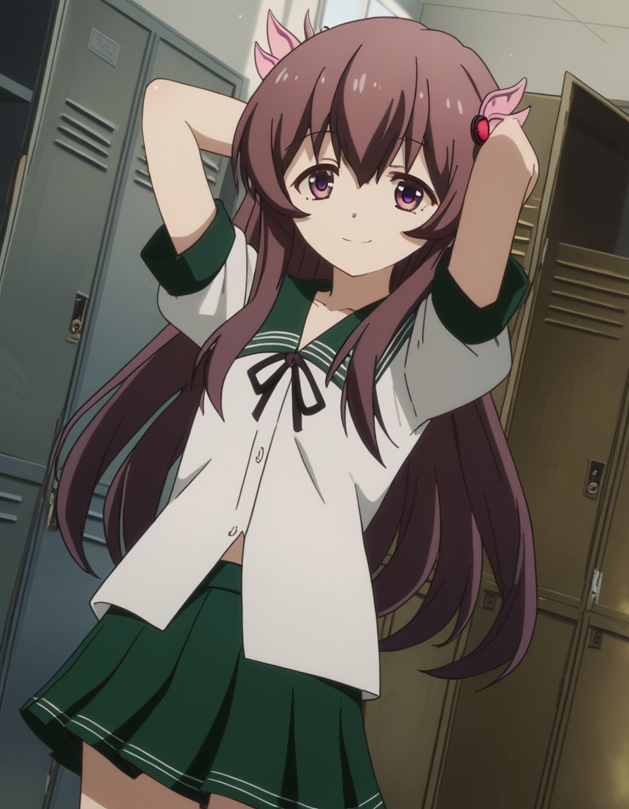 score_9, score_8_up, score_7_up, source_anime, <lora:kancolle-kisaragi-s1-ponyxl-lora-nochekaiser:1>, kisaragi, long hair, brown hair, hair ornament, brown eyes, purple eyes, kisaragi (kancolle), skirt, school uniform, short sleeves, pleated skirt, serafuku, green skirt,, school hallway, lockers, between classes, everyday life, smile, , hands behind head, smile,, solo,, cowboy shot, dutch angle