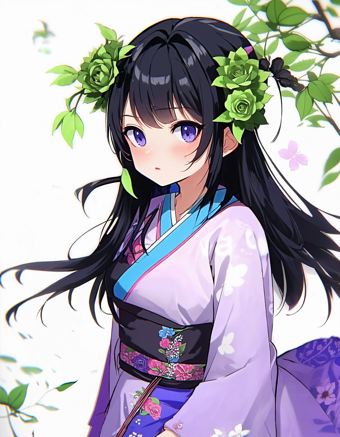 anime style, an anime girl  wearing chinese an oriental dress with black hair and green flowers on her head