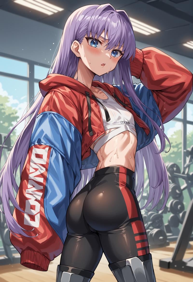 1girl, long hair, purple hair, blue eyes, flat chest, ribbon, multicolored jacket, red jacket, blue jacket, cropped jacket, sports bra, long sleeves, sleeves past fingers, leggins, mechanical legs, indoors, gym, sweat, looking at viewer, chestnut mouth, aroused, blushing, cowboy shot, ass <lora:Meltryllis_XL:1>, score_9, score_8_up, score_7_up, score_6_up, score_5_up, score_4_up, BREAK source_anime, masterpiece