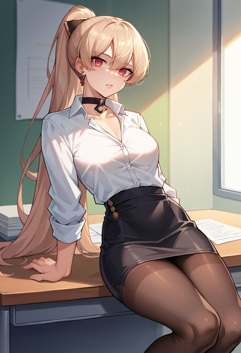 score_9, score_8_up, score_7_up, source_anime, solo, 1girl, jeanbartdef, parted lips, looking at viewer, sitting on desk, high ponytail, hair bow, white shirt, collared shirt, black skirt, pencil skirt, black pantyhose, earrings, black choker, o-ring choker, indoors, office <lora:azurlane_jeanbart_ponyXL:1>