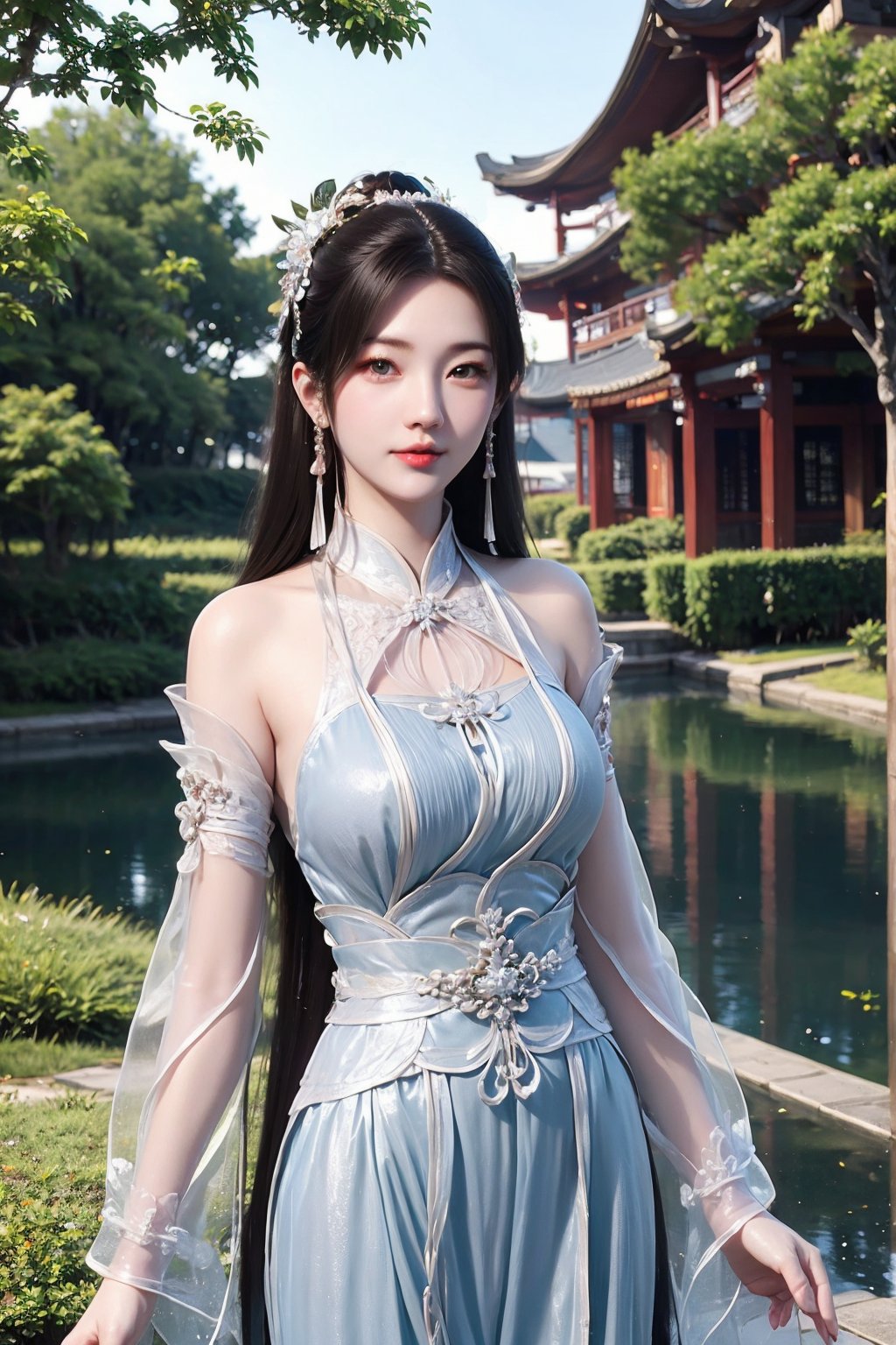 CAFC,1girl,solo,long hair,jewelry,upper body,suburban scenery,east asian,chinese style architecture,<lora:NSFWFilter:-1.5>,