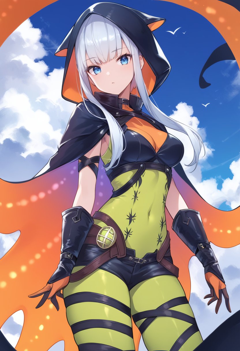 (score_9:0.9),score_8_up,score_7_up,rating_safe,anime style,(zPDXL),<lora:Namielle armor Beta ponyXL v1:0.78>,namielle armor,black hood,1girl,solo,black thigh boots,blue eyes,black gloves,looking at viewer,long hair,green bodysuit,medium breasts,sidelocks,orange tentacle cape,black shorts,