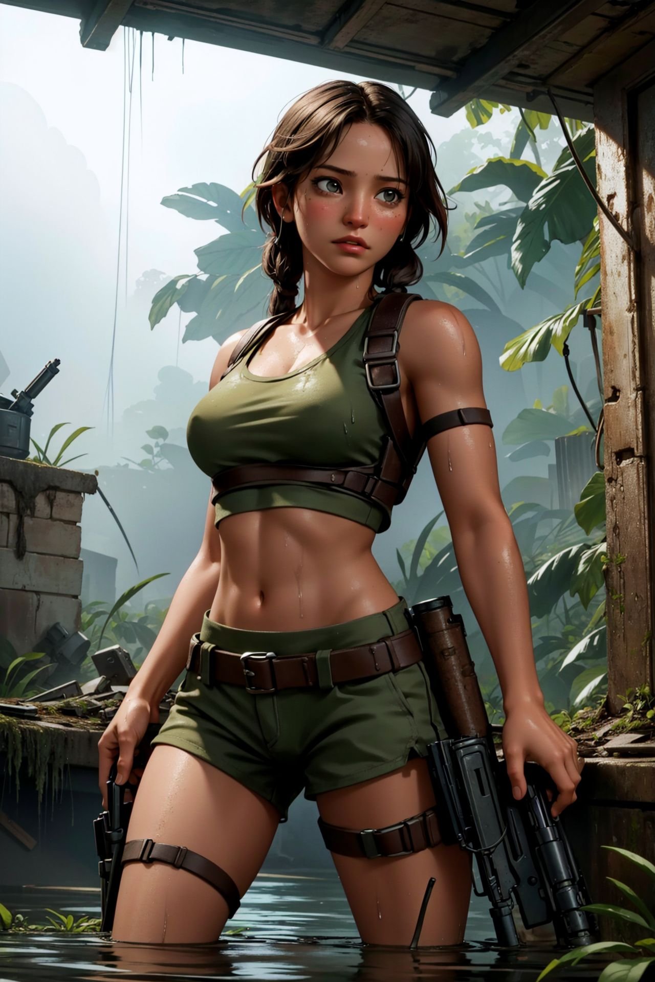 1girl, masterpiece, Lara Croft, ruined city in the jungle, soaking wet, hdr, muted colors, dramatic, complex background, cinematic, filmic, beautiful, hd, dream, ultra wide angle