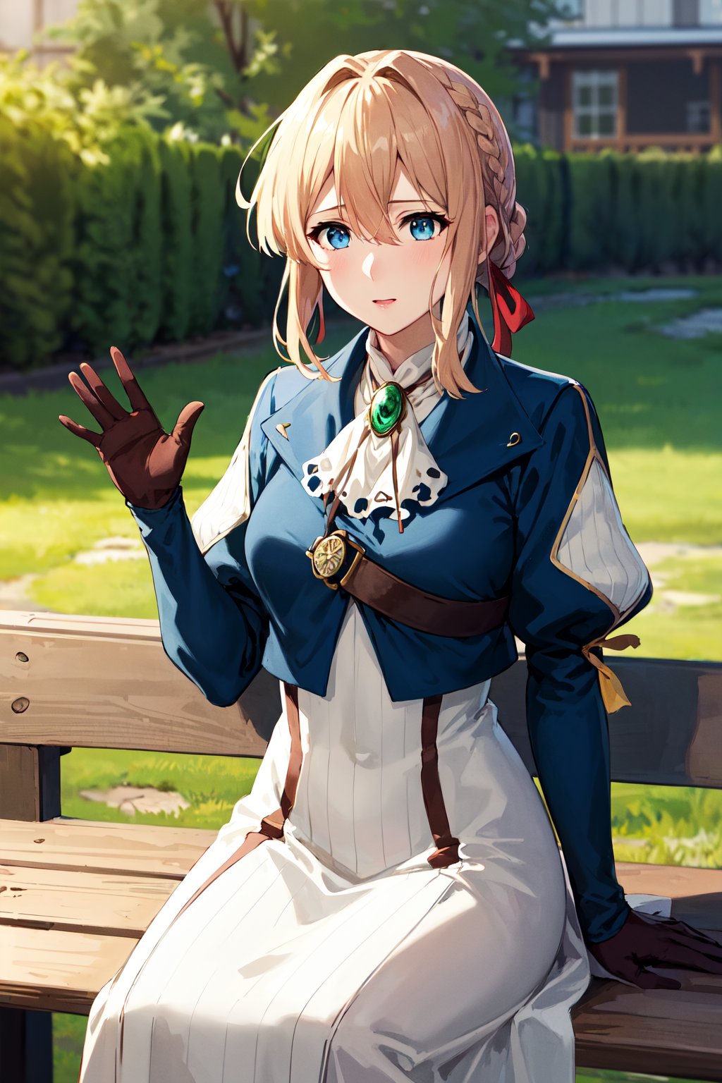 masterpiece, best quality, highres, violet evergarden, braid, hair ribbon, red ribbon, jewelry, white ascot, brooch, blue jacket, long sleeves, brown gloves, white dress, long dress, <lora:violet_evergarden_v1:0.7>, sitting, (waving:1.1), bench, outdoors