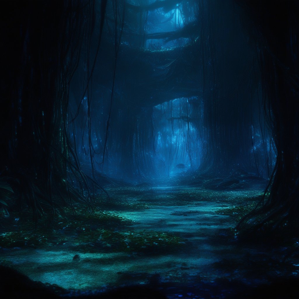 Background concept for the movie “Avatar”, bioluminescent forest, alien planet, beautiful landscape, alien plants