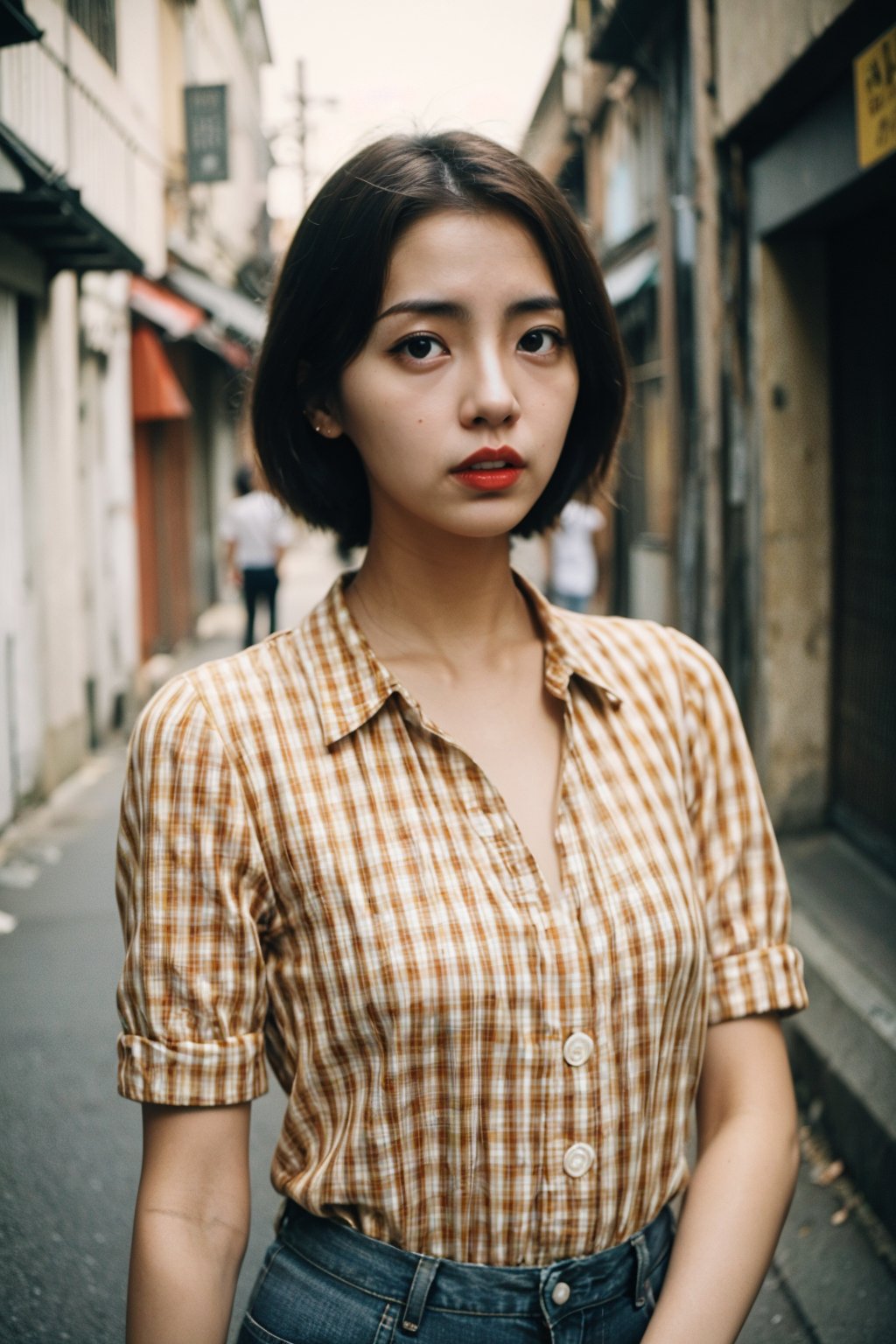 Raw photo, woman,  (seductive), vintage shirt, cinematic, old streets of  Taiwan,<lora:aiManjaYTL-09:0.8>