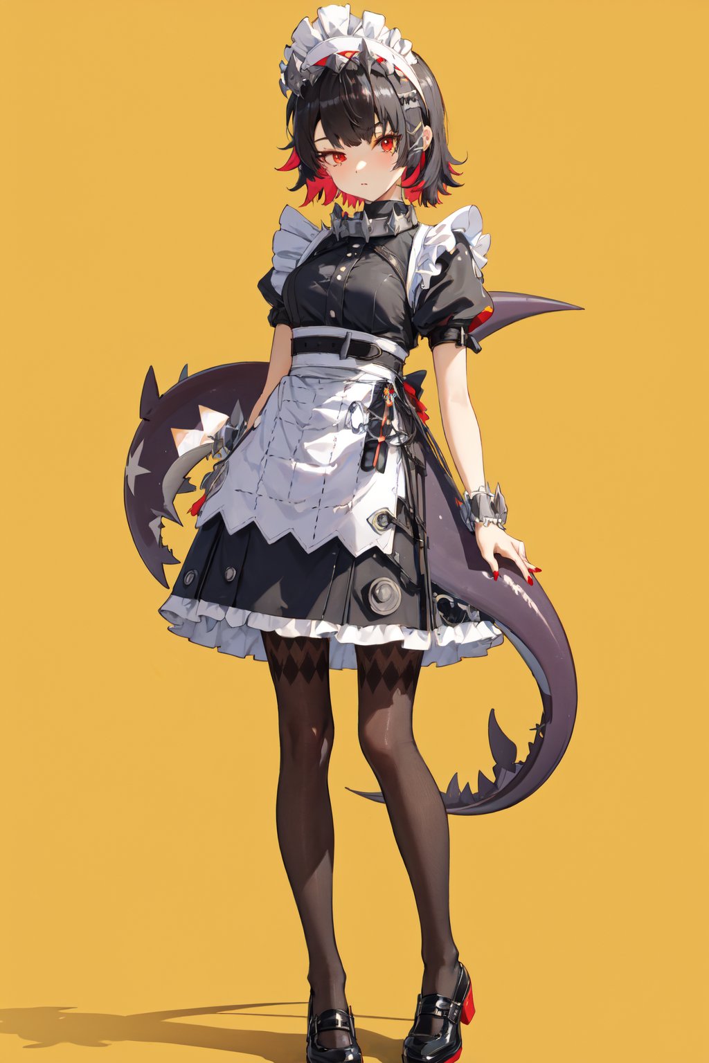 <lora:Ellen-000010>,Ellen CYQL,1girl,looking at viewer,solo,shark girl,short hair,black hair,red hair,multicolored hair,colored inner hair,maid headdress,red eyes,maid,wrist cuffs,short sleeves,puffy sleeves,red nails,apron,maid apron,dress,black dress,frills,tail,shark tail,fins,pantyhose,black pantyhose,black footwear,yellow background,simple background,posing,masterpiece,best quality,beautiful and aesthetic,