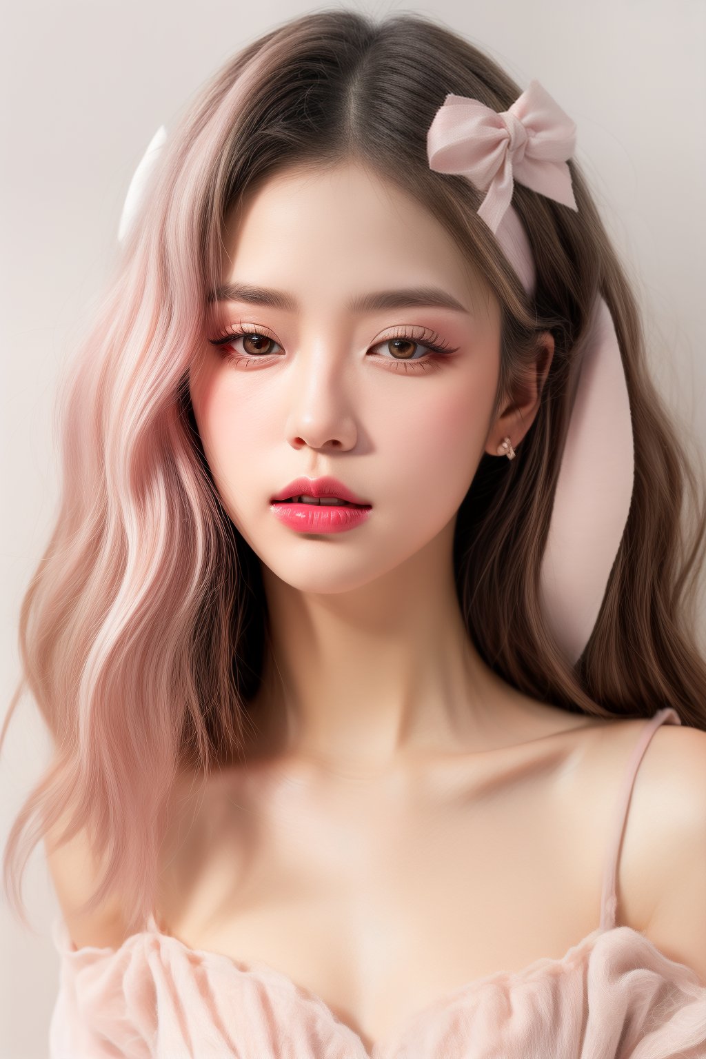 (fashion photography:1.3),(sweet:1.2),((nail polish, eyeliner, eyelashes, lipstick, makeup)),The girl has long,(wavy hair with a mix of pink and white colors:1.1),which gives off a soft and whimsical vibe. They are wearing what appears to be a light-colored,possibly pink,top with a ruffled neckline. The person is also adorned with accessories that include a headband with a bow and what looks like a feather or a decorative element on the side. The overall aesthetic is very cute and playful,with a focus on pastel colors and a fantasy-like quality. The background is simple and does not distract from the subject,which is the person's face and upper body,<lora:add_detail 3:1>,<lora:pcm_sd15_normalcfg_8step:1>,