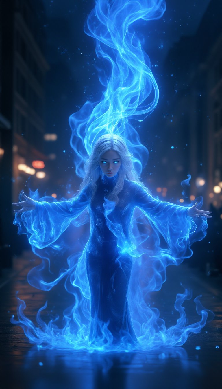 <lora:FL-bailing-24-0906Fire Spirit-000008:0.7>,bailing_fire,composed of fire elements,fire element,girl made of blue flames,Fire Skin,surrounded by blue flames.,blue fire,blue flame,the person in the image is a young woman with long blonde hair and striking blue eyes.,she is standing in a dark room with a cityscape blurred in the background. the woman is surrounded by a bright blue aura that seems to be emanating from her body.,her arms are outstretched and she appears to be in the midst of a fire powerful display of energy,